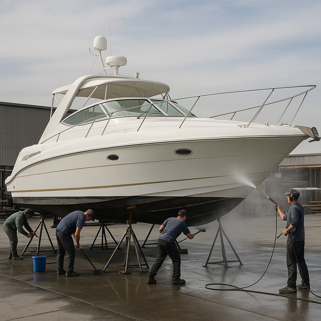 Crew preparing yacht for the season